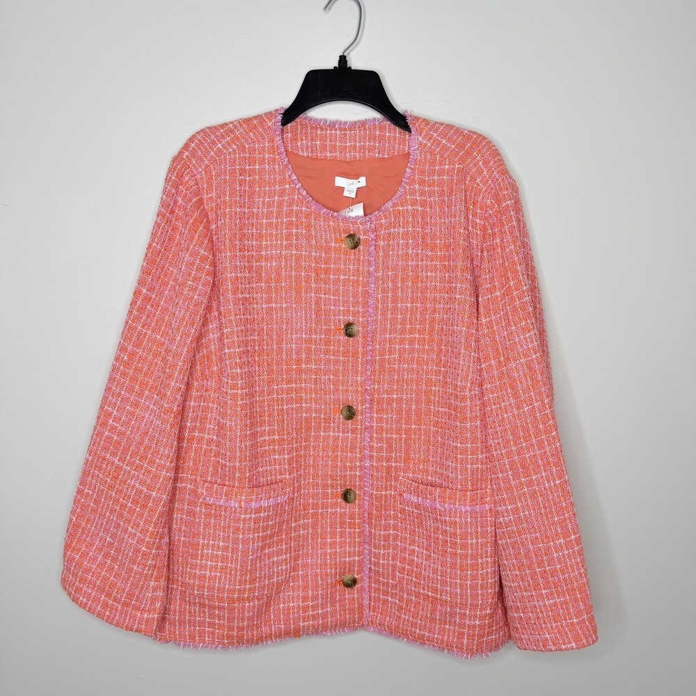 J.Jill Clementine Women's 2X Tweed Jacket Orange Pink Cream Fringe Trim